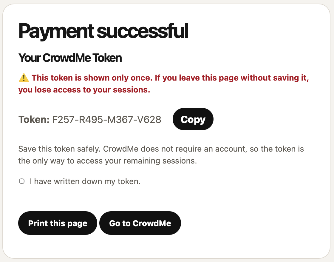 Payment successful page showing the token